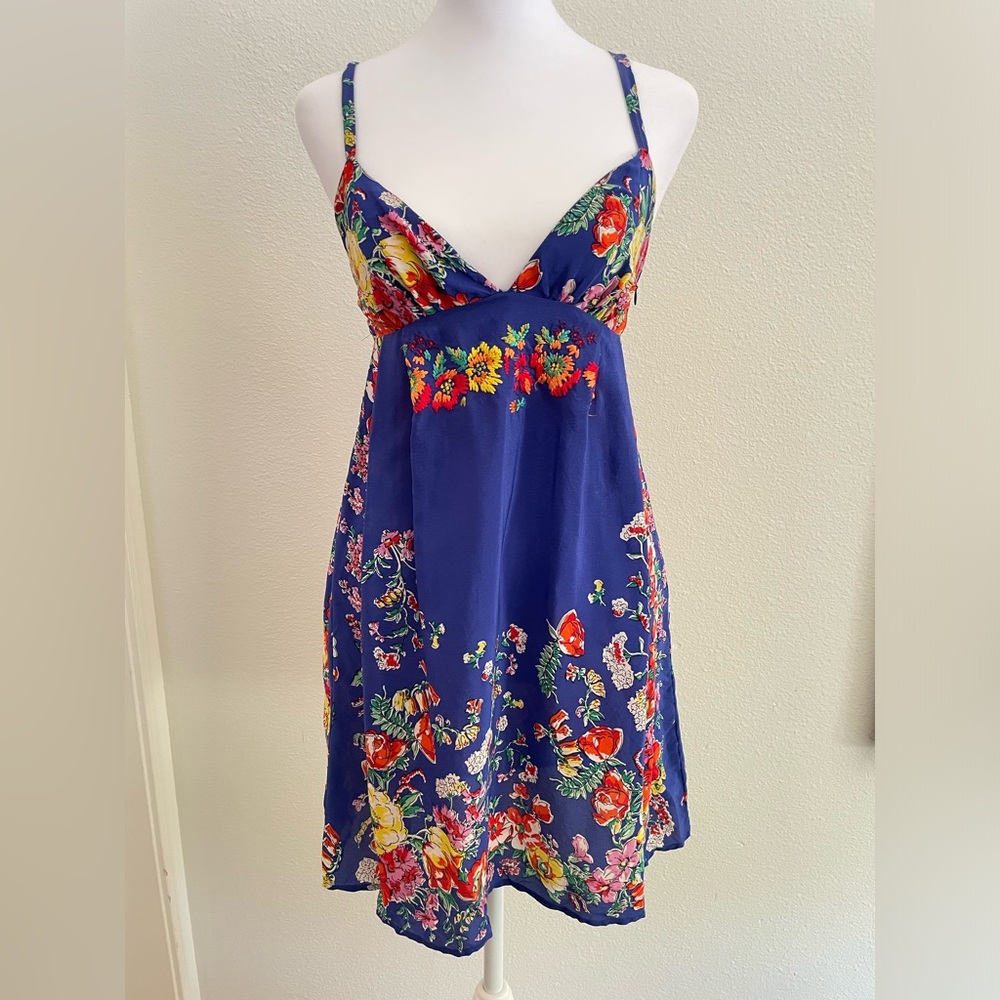 Colorful silk floral babydoll dress with embroidery detail